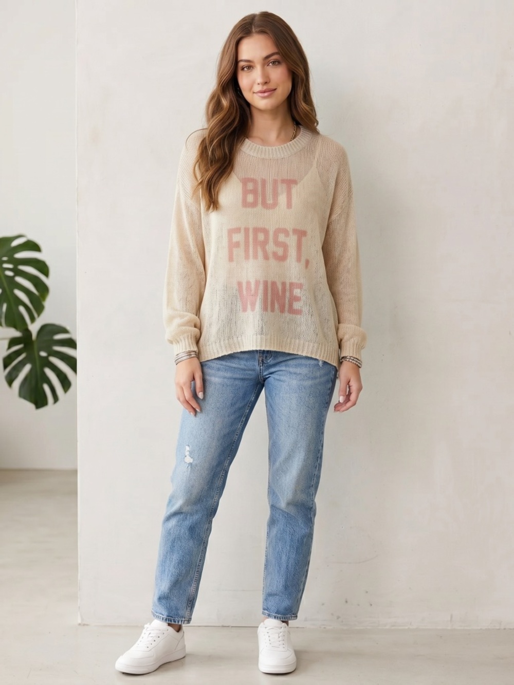 The Laundry Room Women's Cream Sweater - 'But First, Wine' Small